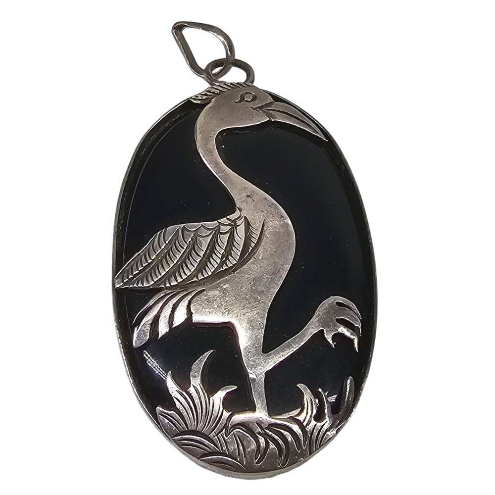 Beautiful Vtg. Oval Black Onyx Sterling‎ Silver Crane Pendant Necklace Charm 925